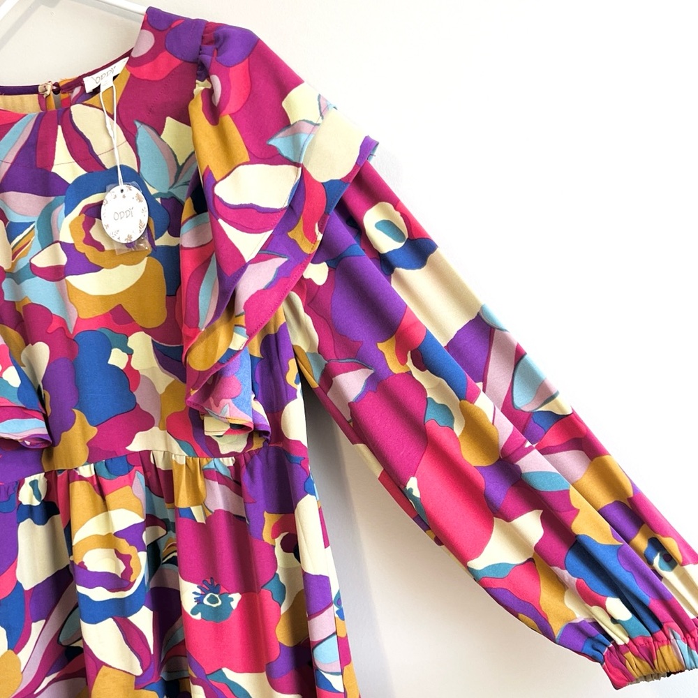 NWT ODDY Abstract Vibrant Floral Ruffle Long Sleeve Mini Dress - Picture 4 of 6